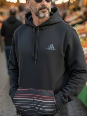 Men’s Adidas Black Hoodie with Red, Tan and Gray Striped.